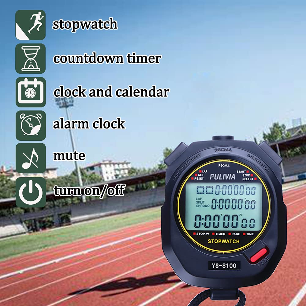 Stopwatch Timer Lap Split Digital Stopwatch with Clock Calendar Alarm, Large Display Stopwatch for Sports Coaches Swimming Running