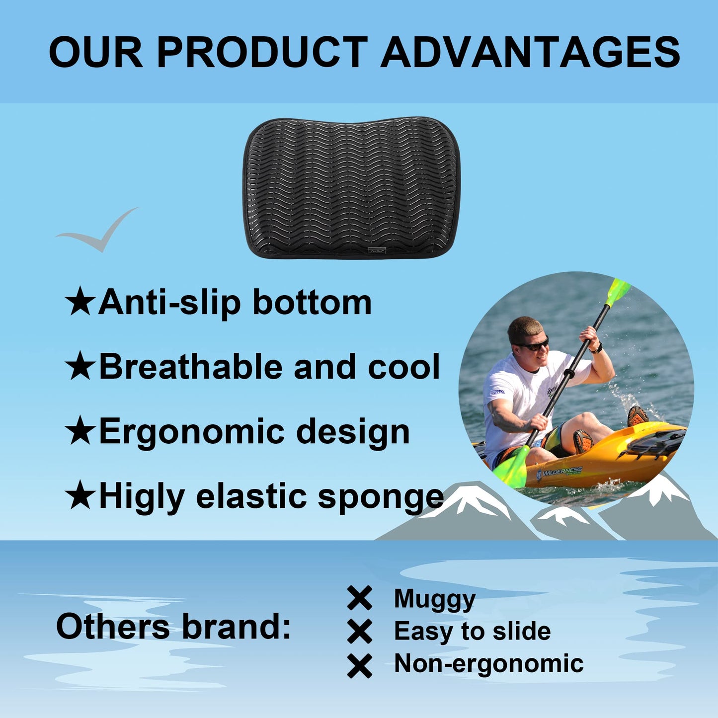 Anti Slip Kayak Seat Cushion for Kayaking,Canoeing,Drifting,Rafting,Fishing and More(15" L 12.2" W 1.02" H)