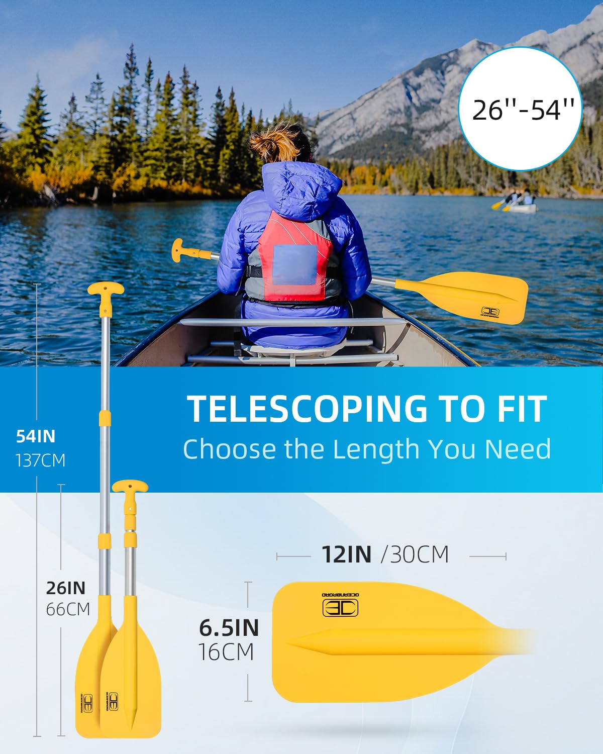 OCEANBROAD Telescoping Emergency Paddle 21''-42''/26''-54'' Aluminium Shaft for Kayaing Boating Canoeing River Tubing