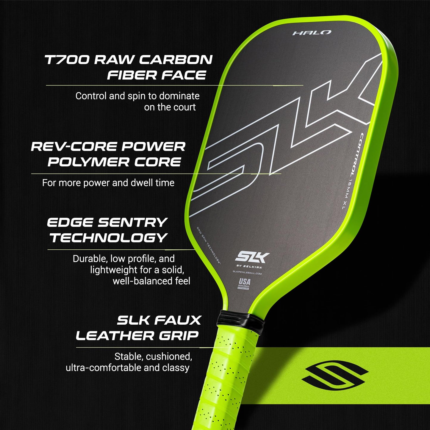 Selkirk Sport SLK Halo Raw Carbon Fiber Pickleball Paddle | Designed in The USA | Choose from The T700 Raw Carbon Fiber Power, The 18k Ultraweave Control, or The Kevlar Linkweave Thermoformed Pro