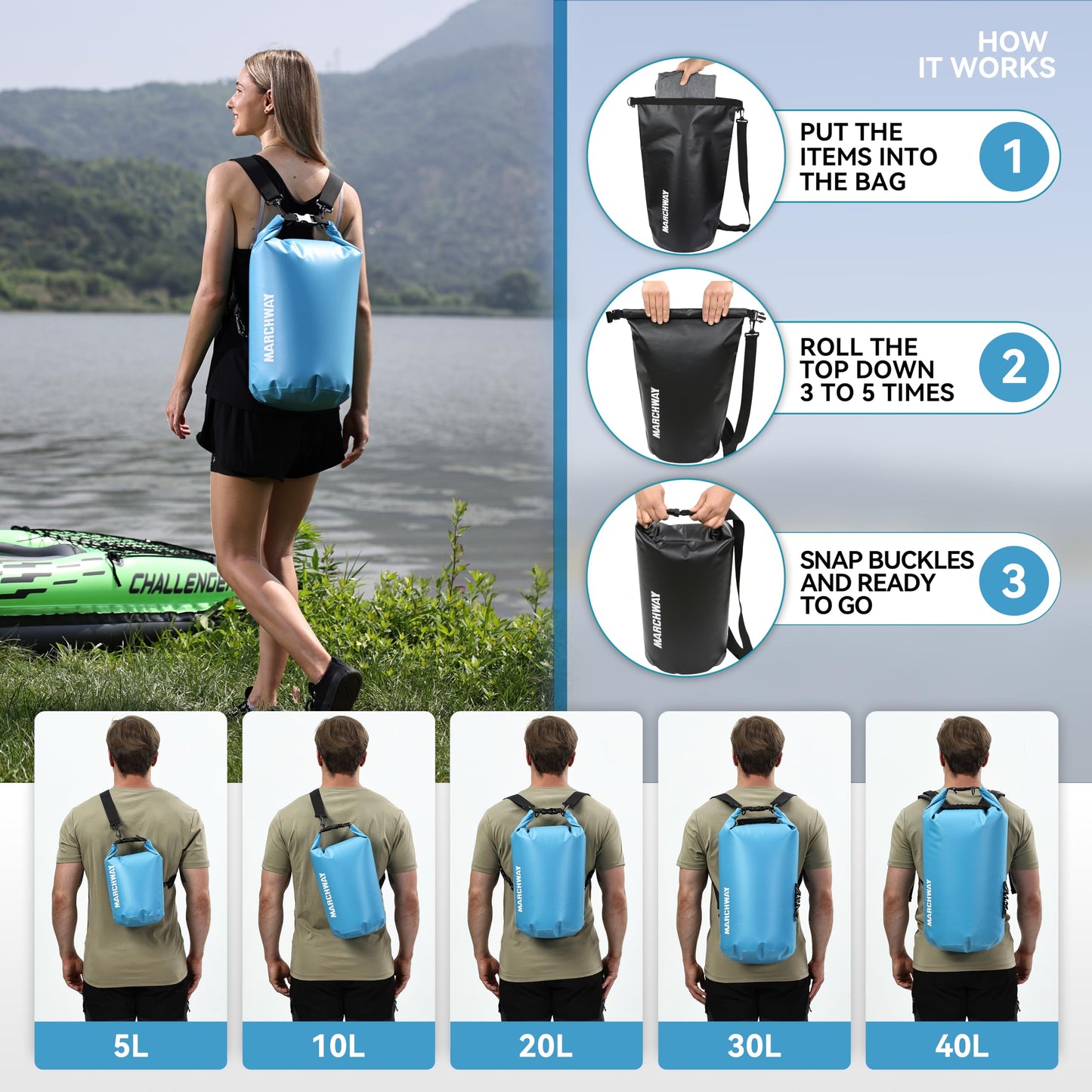 MARCHWAY Floating Waterproof Dry Bag Backpack 5L/10L/20L/30L/40L, Roll Top Sack Keeps Gear Dry for Kayaking, Rafting, Boating, Swimming, Camping, Hiking, Beach, Fishing