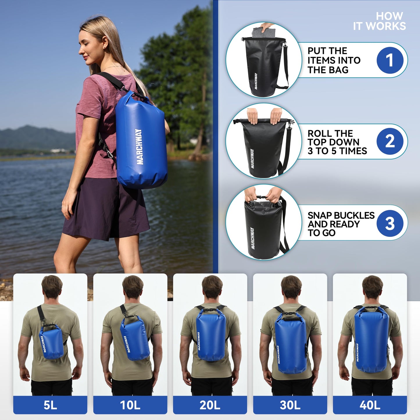 MARCHWAY Floating Waterproof Dry Bag Backpack 5L/10L/20L/30L/40L, Roll Top Sack Keeps Gear Dry for Kayaking, Rafting, Boating, Swimming, Camping, Hiking, Beach, Fishing