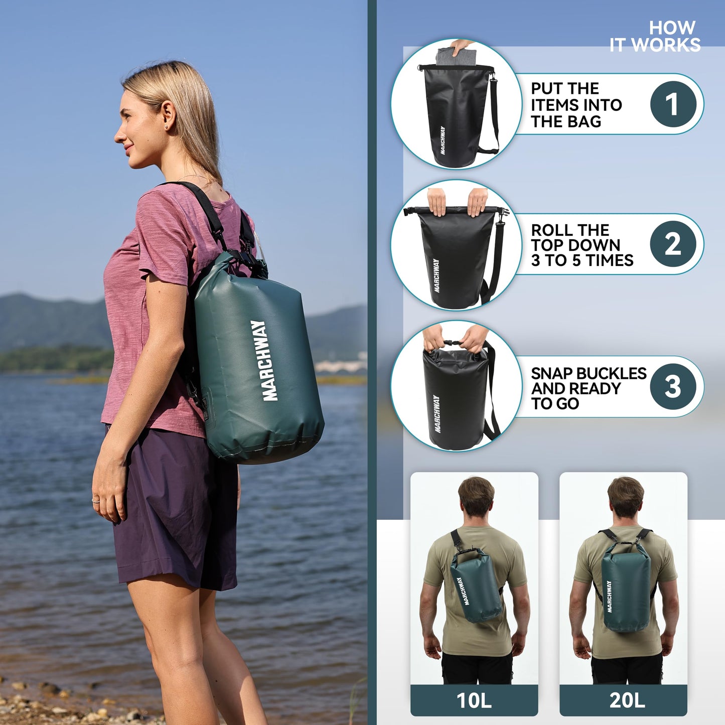 MARCHWAY Floating Waterproof Dry Bag Backpack 5L/10L/20L/30L/40L, Roll Top Sack Keeps Gear Dry for Kayaking, Rafting, Boating, Swimming, Camping, Hiking, Beach, Fishing