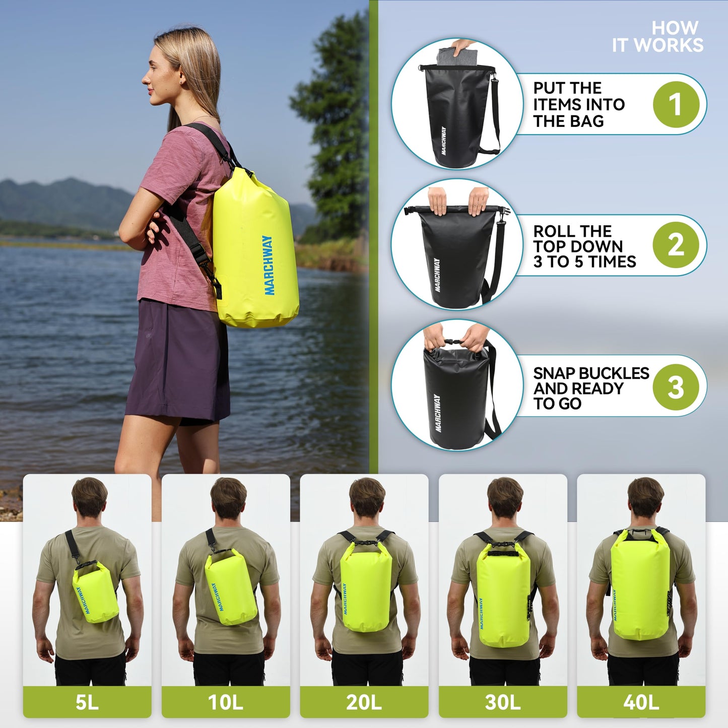 MARCHWAY Floating Waterproof Dry Bag Backpack 5L/10L/20L/30L/40L, Roll Top Sack Keeps Gear Dry for Kayaking, Rafting, Boating, Swimming, Camping, Hiking, Beach, Fishing