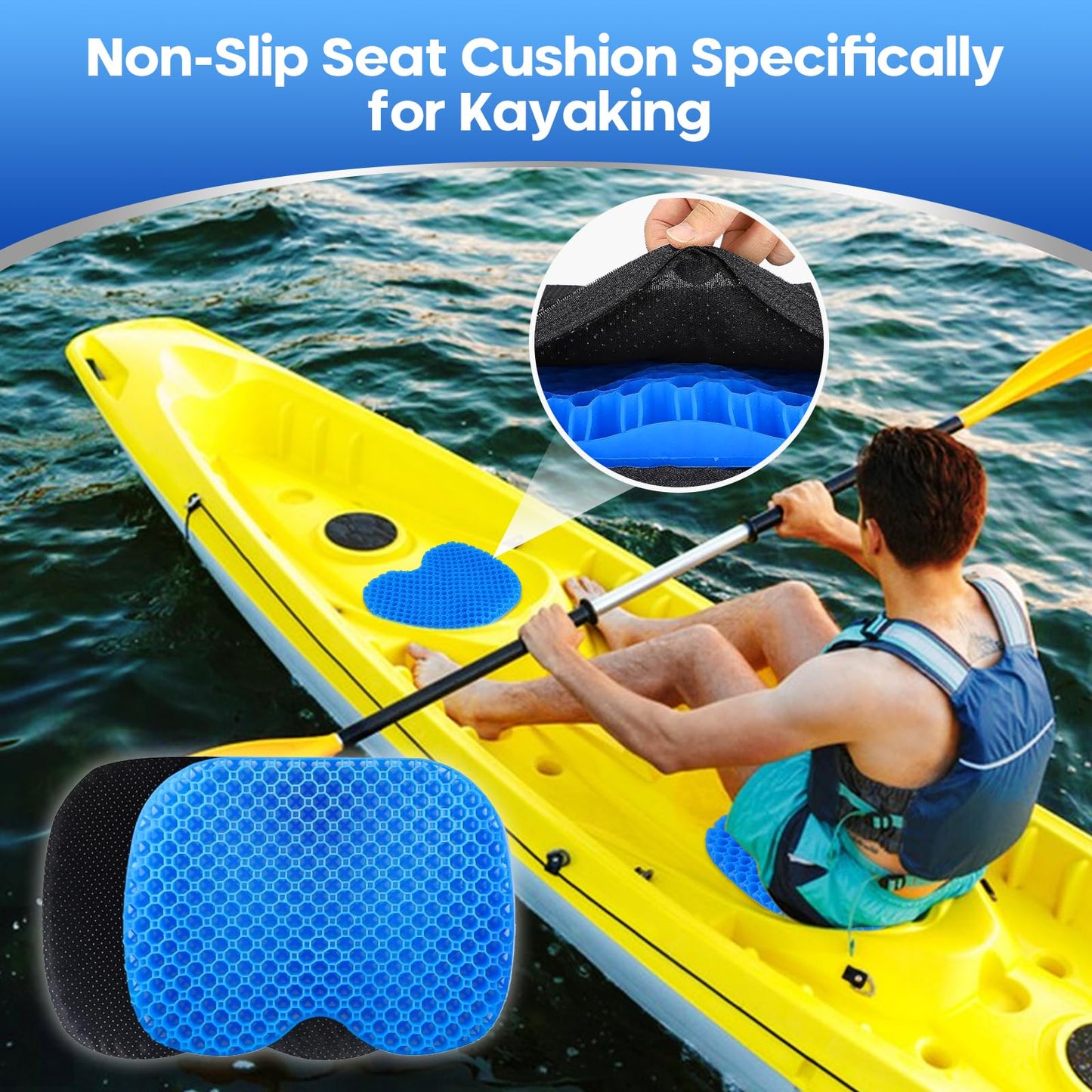 Anti Slip Kayak Gel Seat Cushion with Cover, Waterproof Seat Cushion Kayak Seat Pad for Sit in Inflatable Kayak, Canoe & Boat Fishing, Rowing, Lifetime Kayak Accessories,Office(Black)