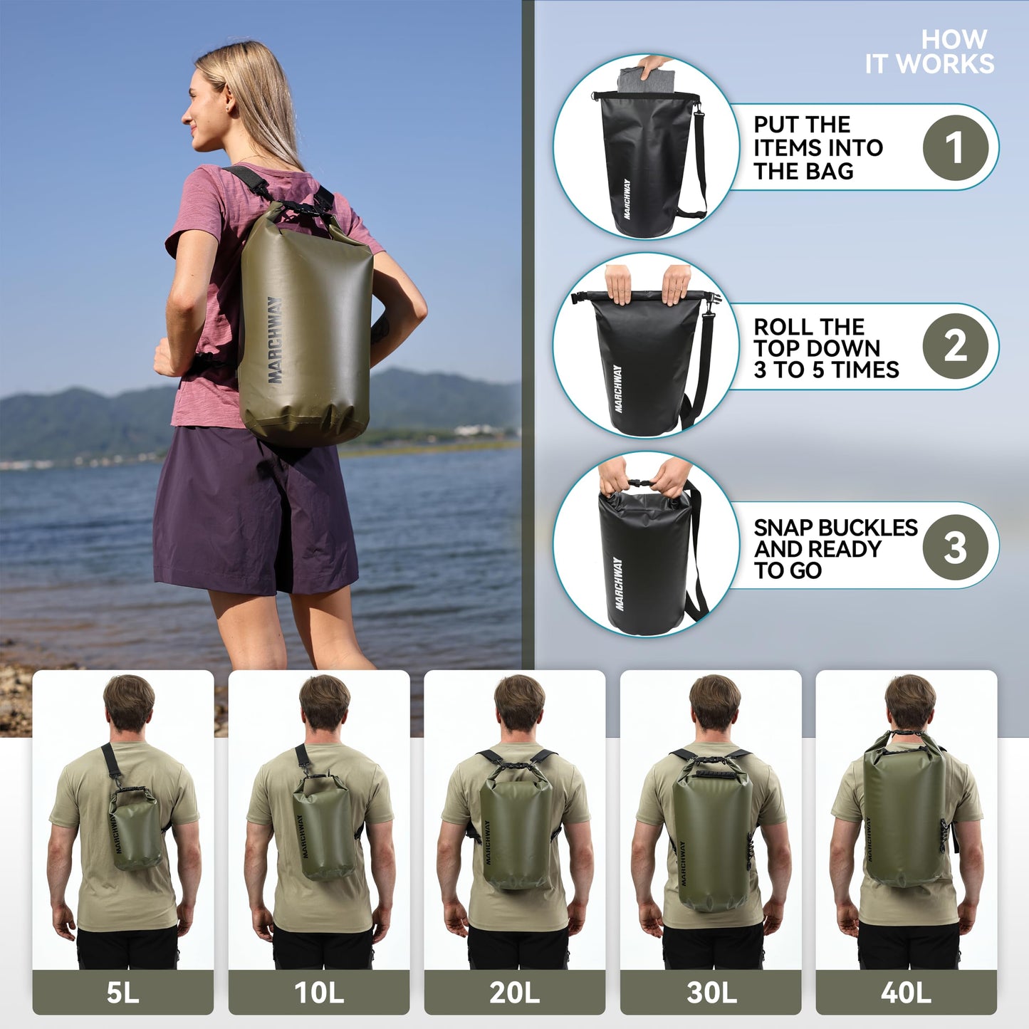 MARCHWAY Floating Waterproof Dry Bag Backpack 5L/10L/20L/30L/40L, Roll Top Sack Keeps Gear Dry for Kayaking, Rafting, Boating, Swimming, Camping, Hiking, Beach, Fishing