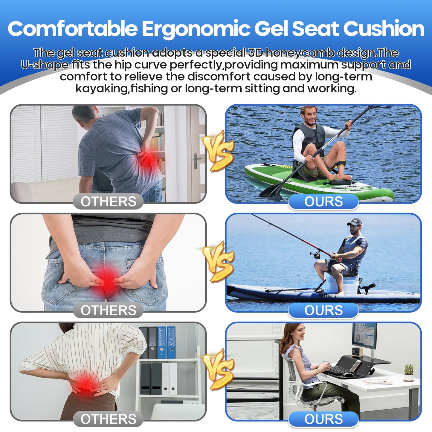 Anti Slip Kayak Gel Seat Cushion with Cover, Waterproof Seat Cushion Kayak Seat Pad for Sit in Inflatable Kayak, Canoe & Boat Fishing, Rowing, Lifetime Kayak Accessories,Office(Black)