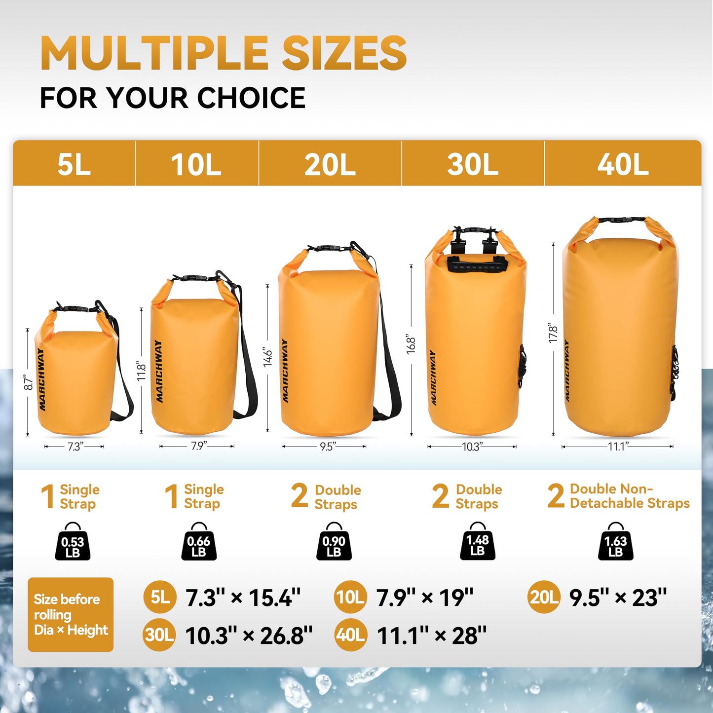 MARCHWAY Floating Waterproof Dry Bag Backpack 5L/10L/20L/30L/40L, Roll Top Sack Keeps Gear Dry for Kayaking, Rafting, Boating, Swimming, Camping, Hiking, Beach, Fishing