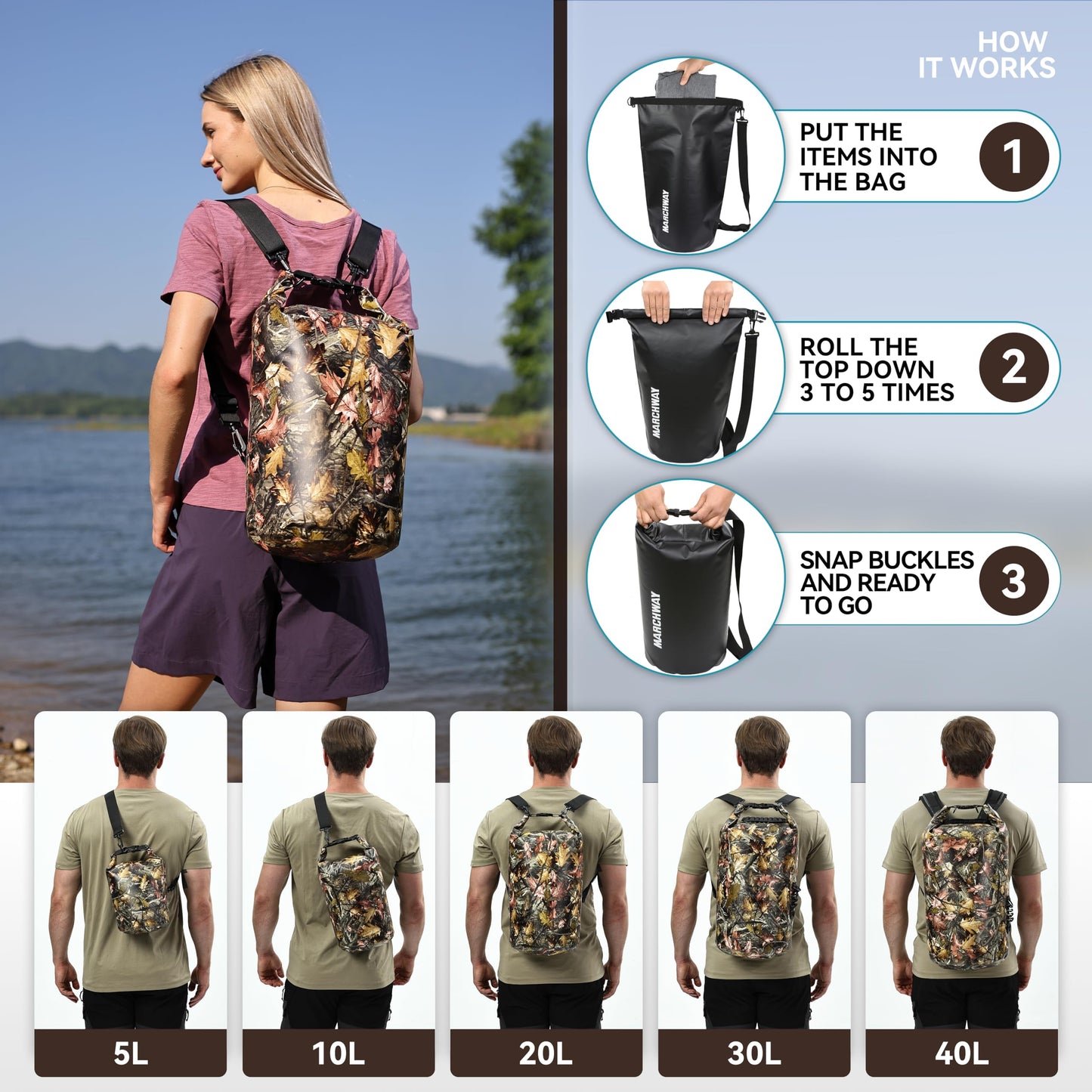 MARCHWAY Floating Waterproof Dry Bag Backpack 5L/10L/20L/30L/40L, Roll Top Sack Keeps Gear Dry for Kayaking, Rafting, Boating, Swimming, Camping, Hiking, Beach, Fishing