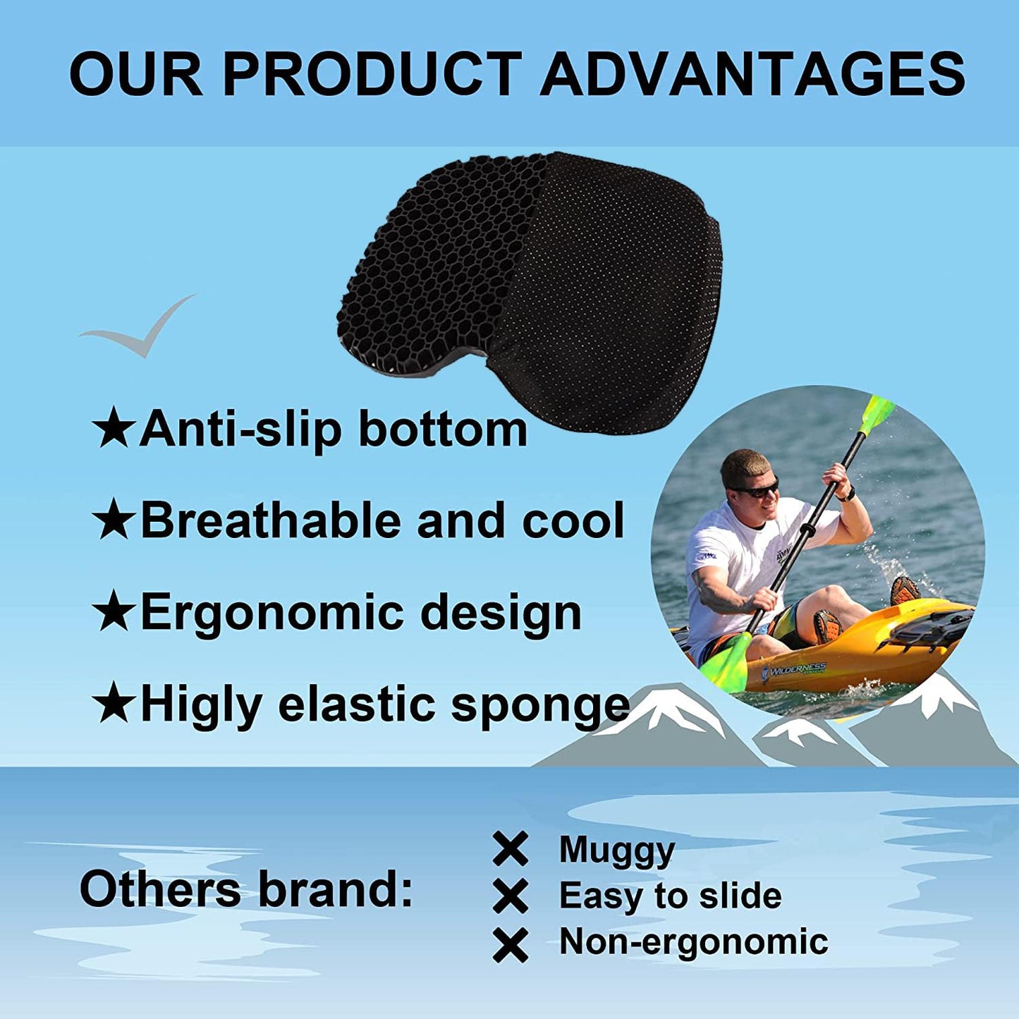 Anti Slip Kayak Seat Cushion for Kayaking,Canoeing,Drifting,Rafting,Fishing and More(15" L 12.2" W 1.02" H)