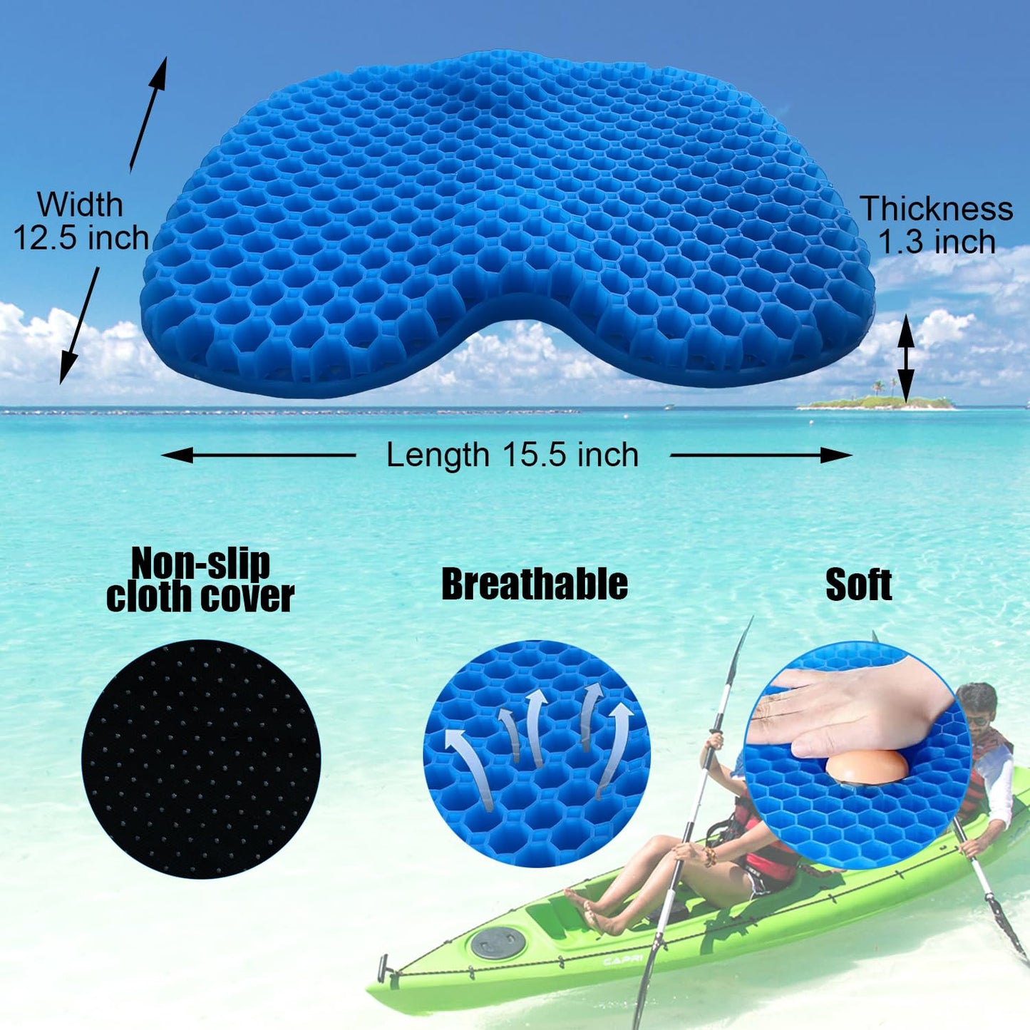Anti Slip Kayak Seat Cushion for Kayaking,Canoeing,Drifting,Rafting,Fishing and More(15" L 12.2" W 1.02" H)