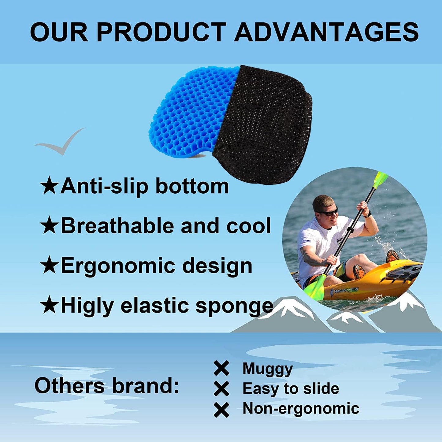 Anti Slip Kayak Seat Cushion for Kayaking,Canoeing,Drifting,Rafting,Fishing and More(15" L 12.2" W 1.02" H)