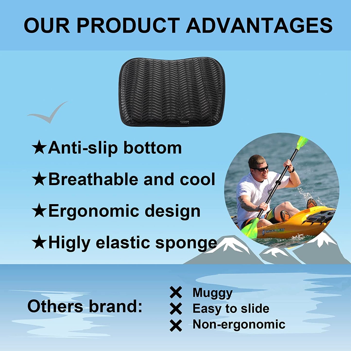 Anti Slip Kayak Seat Cushion for Kayaking,Canoeing,Drifting,Rafting,Fishing and More(15" L 12.2" W 1.02" H)