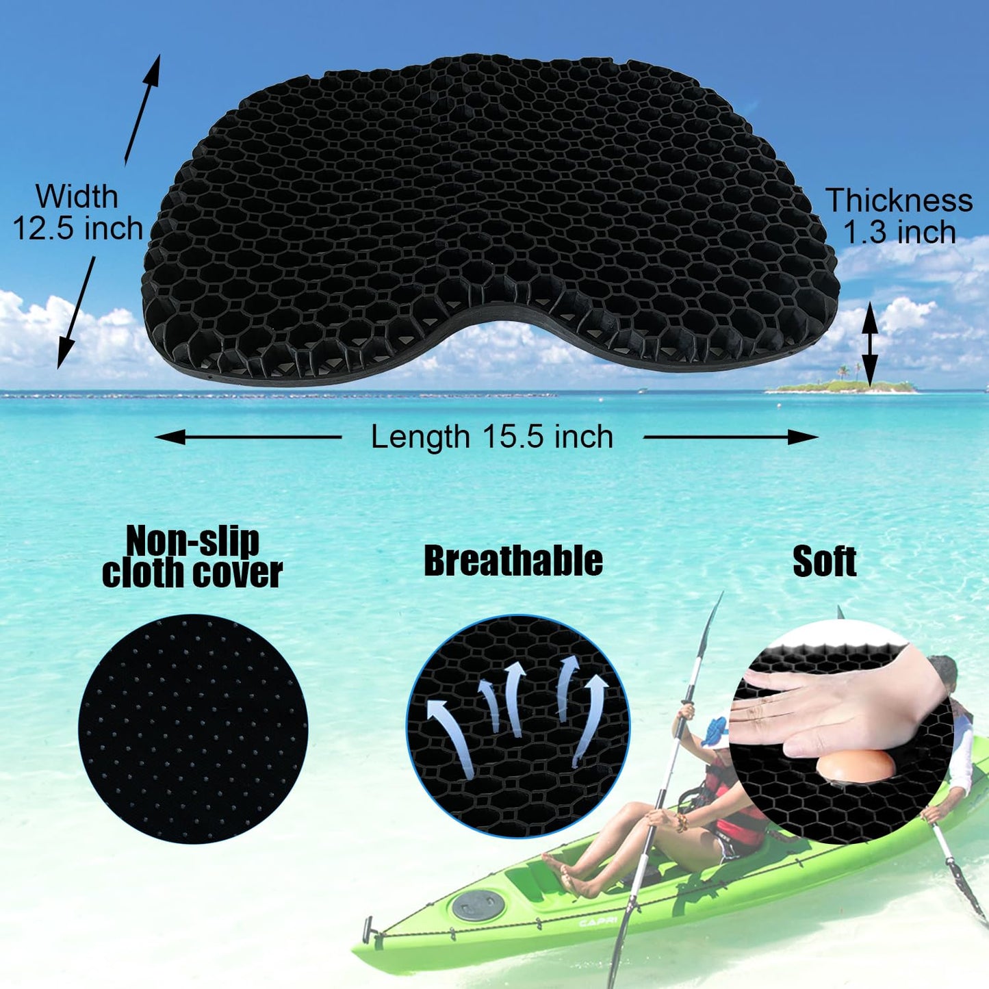 Anti Slip Kayak Seat Cushion for Kayaking,Canoeing,Drifting,Rafting,Fishing and More(15" L 12.2" W 1.02" H)