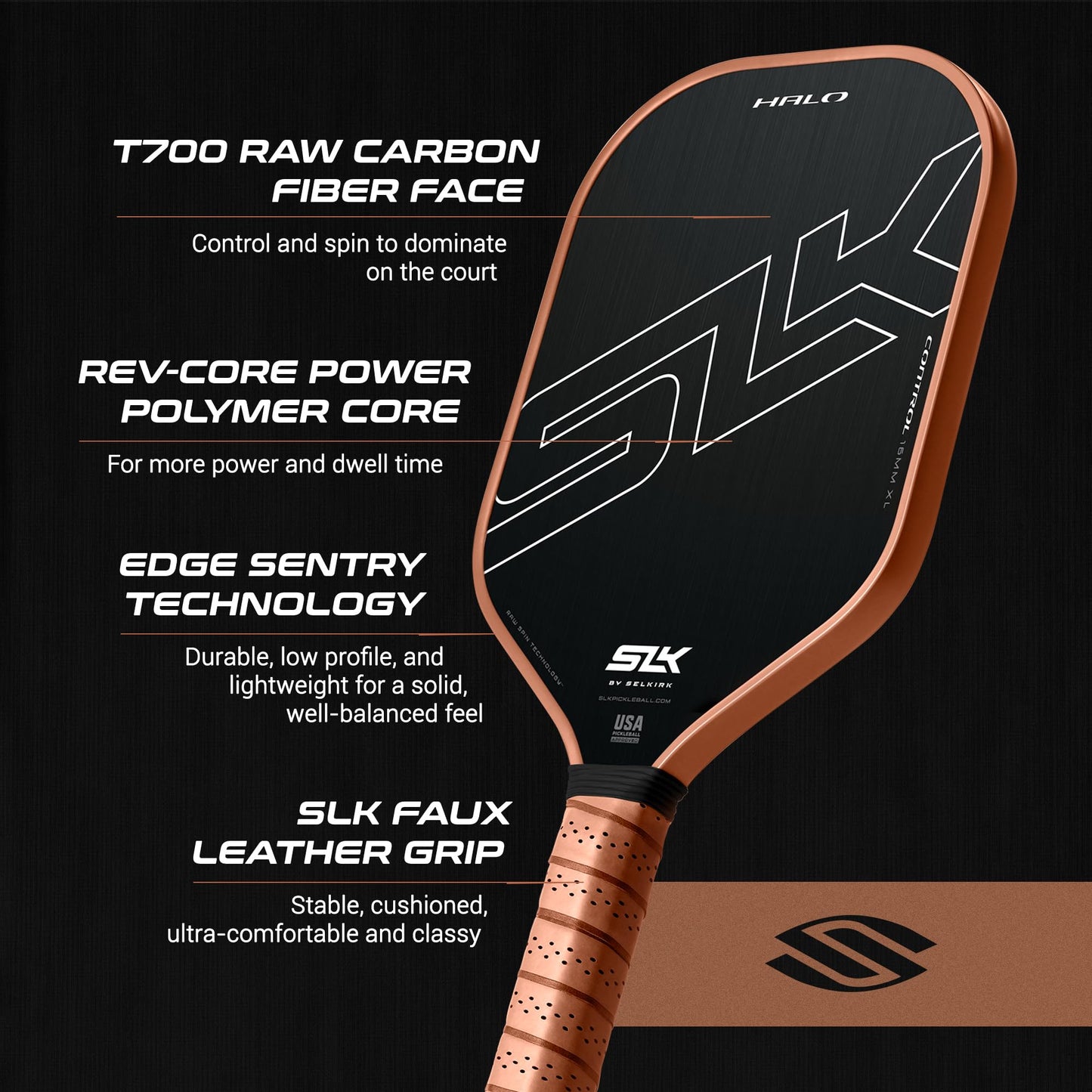 Selkirk Sport SLK Halo Raw Carbon Fiber Pickleball Paddle | Designed in The USA | Choose from The T700 Raw Carbon Fiber Power, The 18k Ultraweave Control, or The Kevlar Linkweave Thermoformed Pro