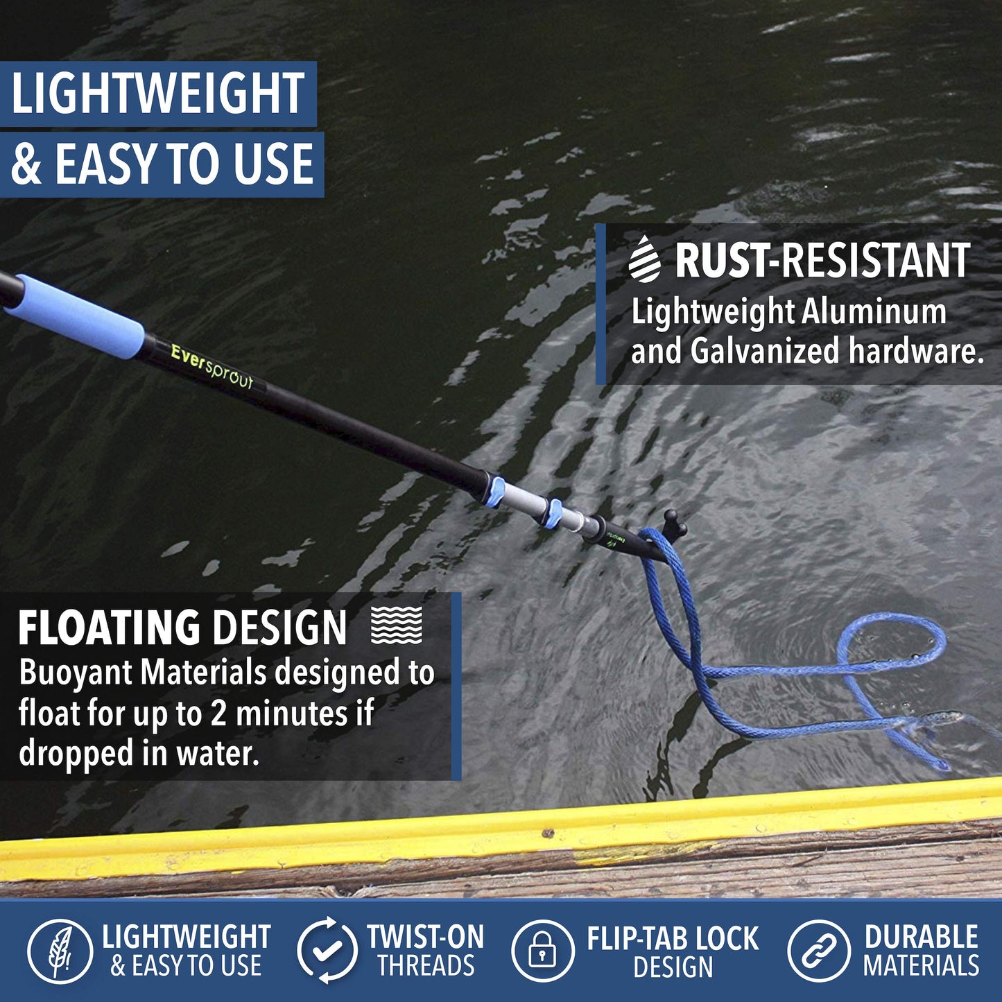 EVERSPROUT Telescoping Boat Hook | Floats, Scratch-Resistant, Sturdy Design | Durable & Lightweight, 3-Stage Anodized Aluminum Pole | Threaded End for Boating Accessories